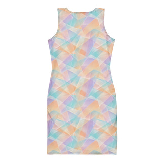 A sleeveless bodycon dress with a pastel geometric print featuring interlocking triangles in shades of light blue, purple, pink, and orange on a white background.