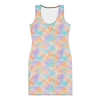 A sleeveless scoop-neck dress with a pastel geometric print featuring overlapping triangles in shades of light blue, pink, purple, and orange on a white background.