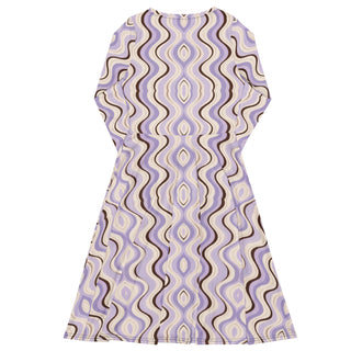 All-over print long sleeve midi dress lavender and Mocha