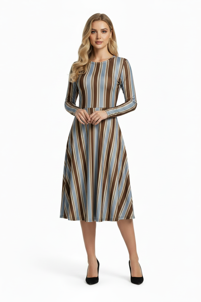 Blonde female model wearing a long sleeve midi dress with stripes 