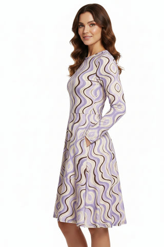 All-over print long sleeve midi dress lavender and Mocha 3XL