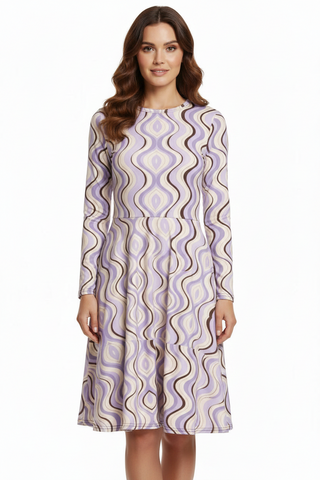 All-over print long sleeve midi dress lavender and Mocha