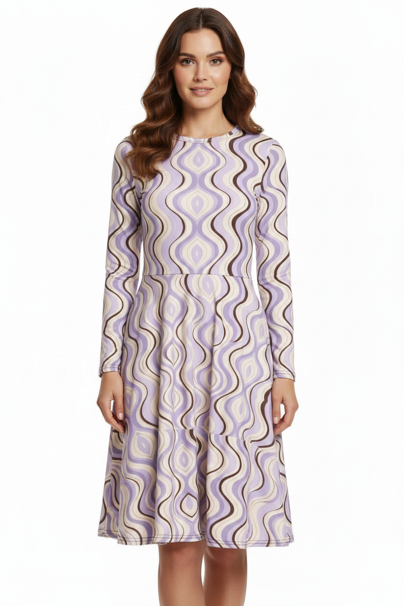 All-over print long sleeve midi dress lavender and Mocha