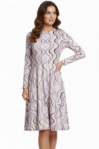 All-over print long sleeve midi dress lavender and Mocha