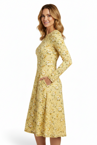 Golden Bloom long sleeve midi dress