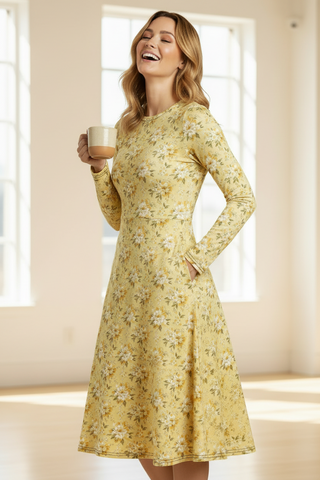 Golden Bloom long sleeve midi dress