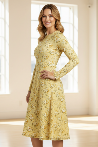 Golden Bloom long sleeve midi dress
