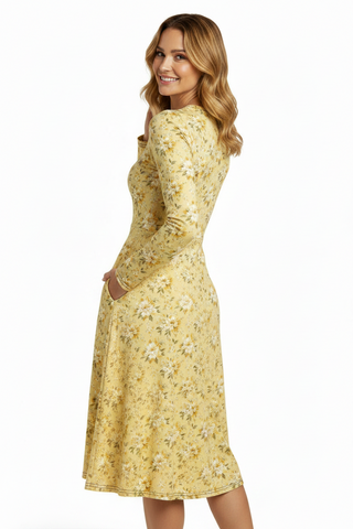 Golden Bloom long sleeve midi dress