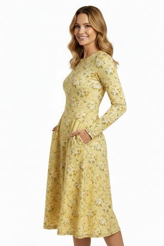 Golden Bloom long sleeve midi dress