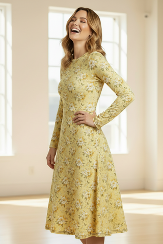 Golden Bloom long sleeve midi dress