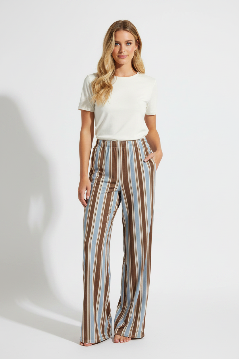Striped pants with brown and blue stripes on a white background